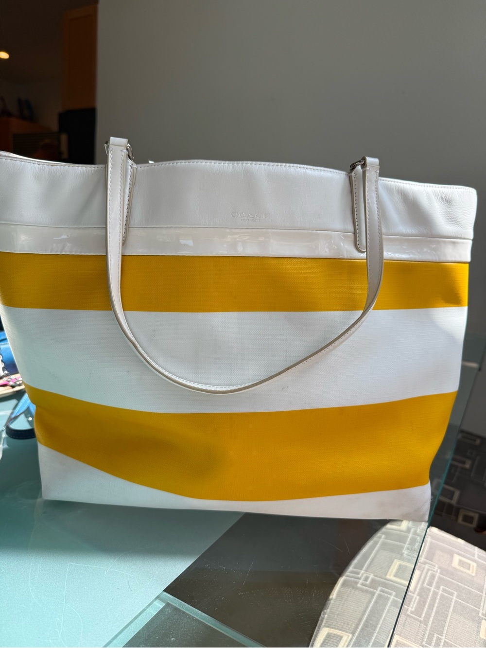 Coach White and Yellow Stripe Women's Tote Bag